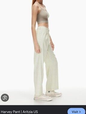 Aritzia Harvey Wide-Leg Plaid Pants - Pale Green & Cream
